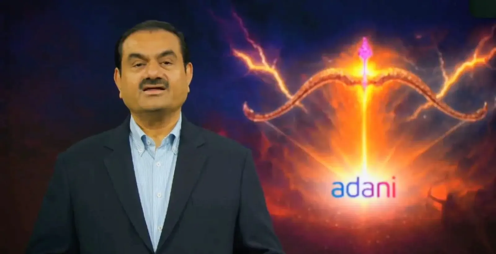 What hidden message lies behind Gautam Adani's triumphant address with a Gandiva backdrop?