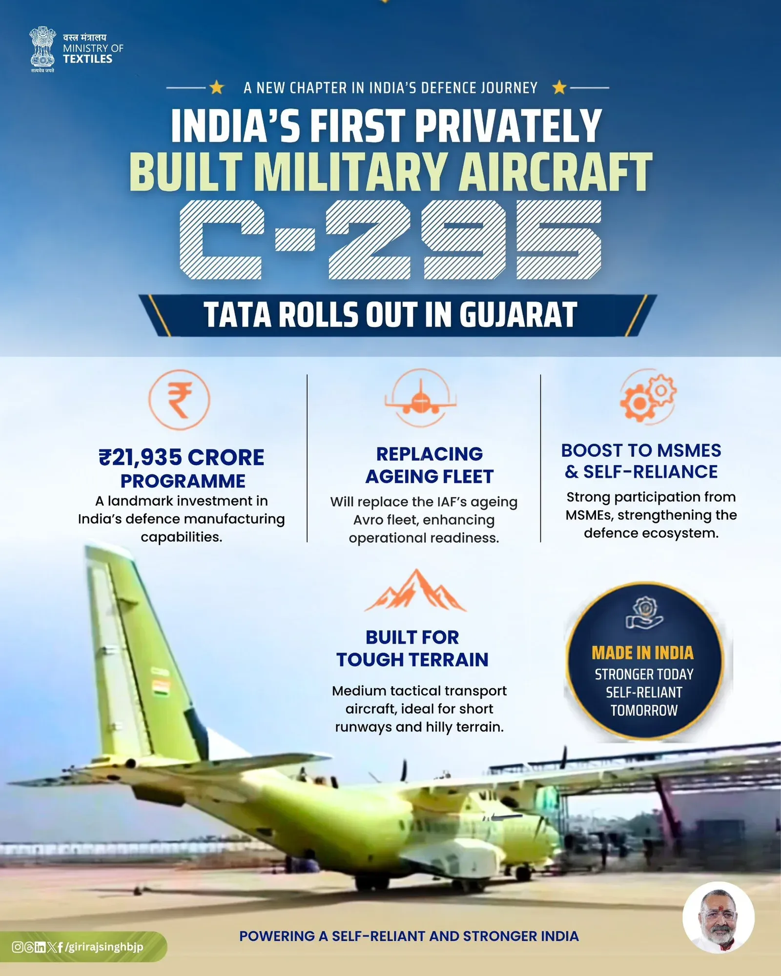 Giriraj Singh Hails C-295 Rollout as Defence Milestone
