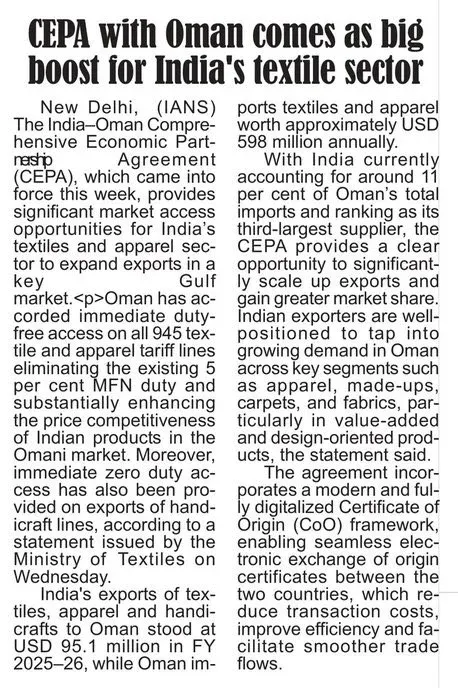 Giriraj Singh Hails India-Oman CEPA as Textile Sector Milestone