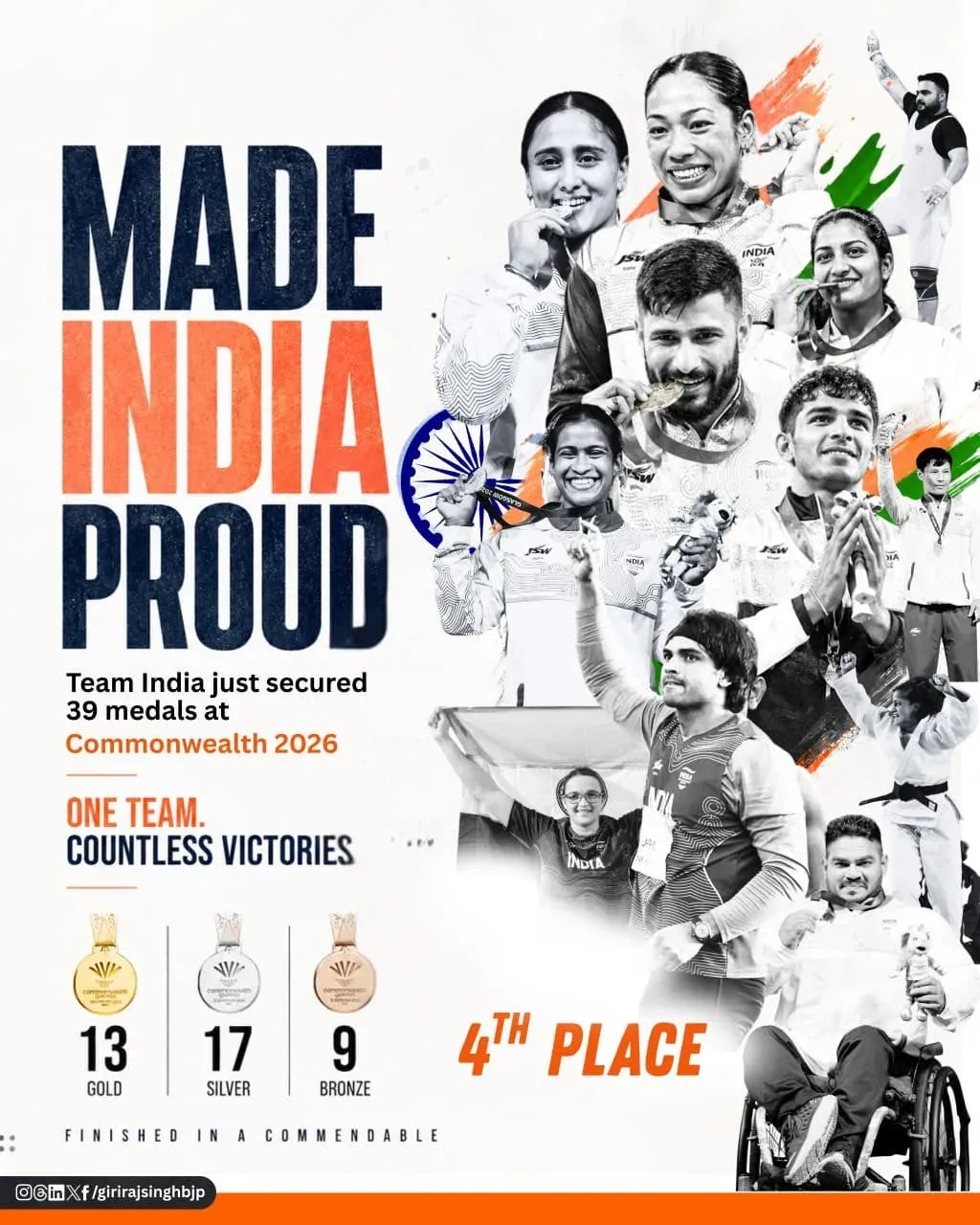 Giriraj Singh Hails India's 39-Medal Haul at CWG 2026