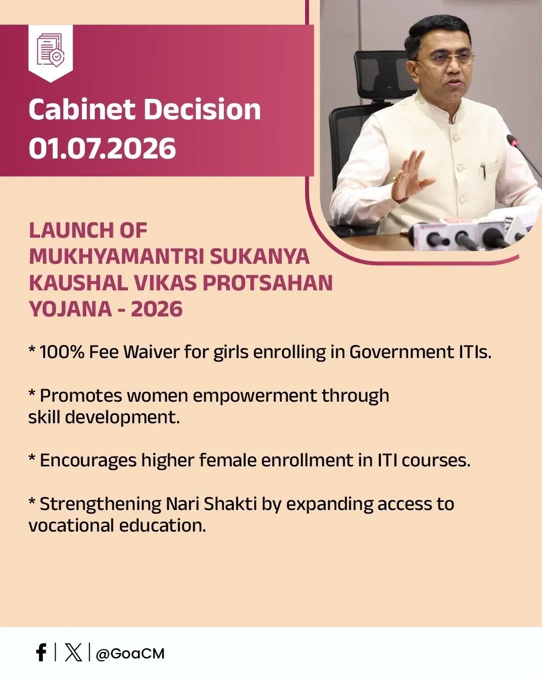 Goa CM launches 100% fee waiver scheme for girls in ITIs