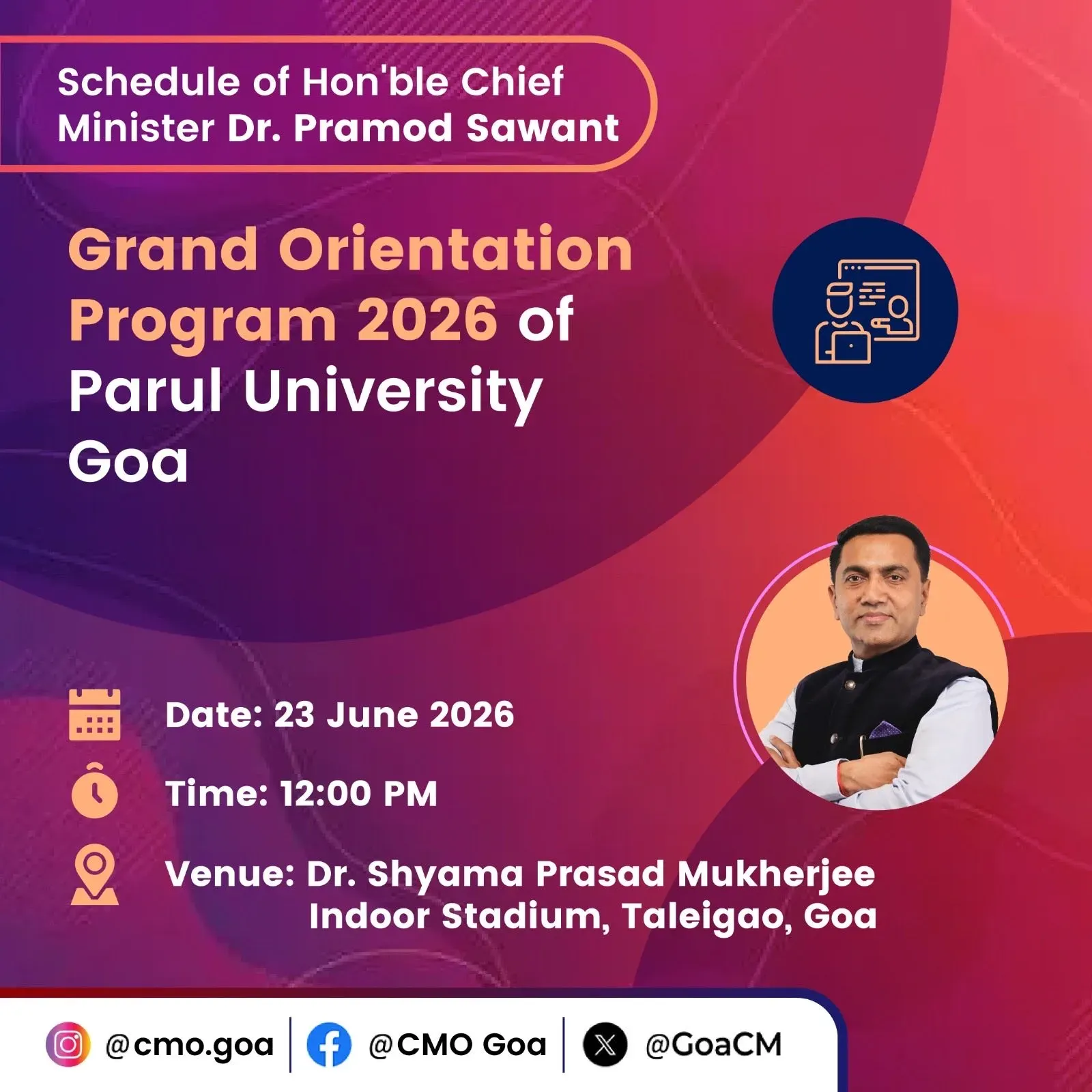 Goa CM Sawant to Attend Parul University Orientation 2026