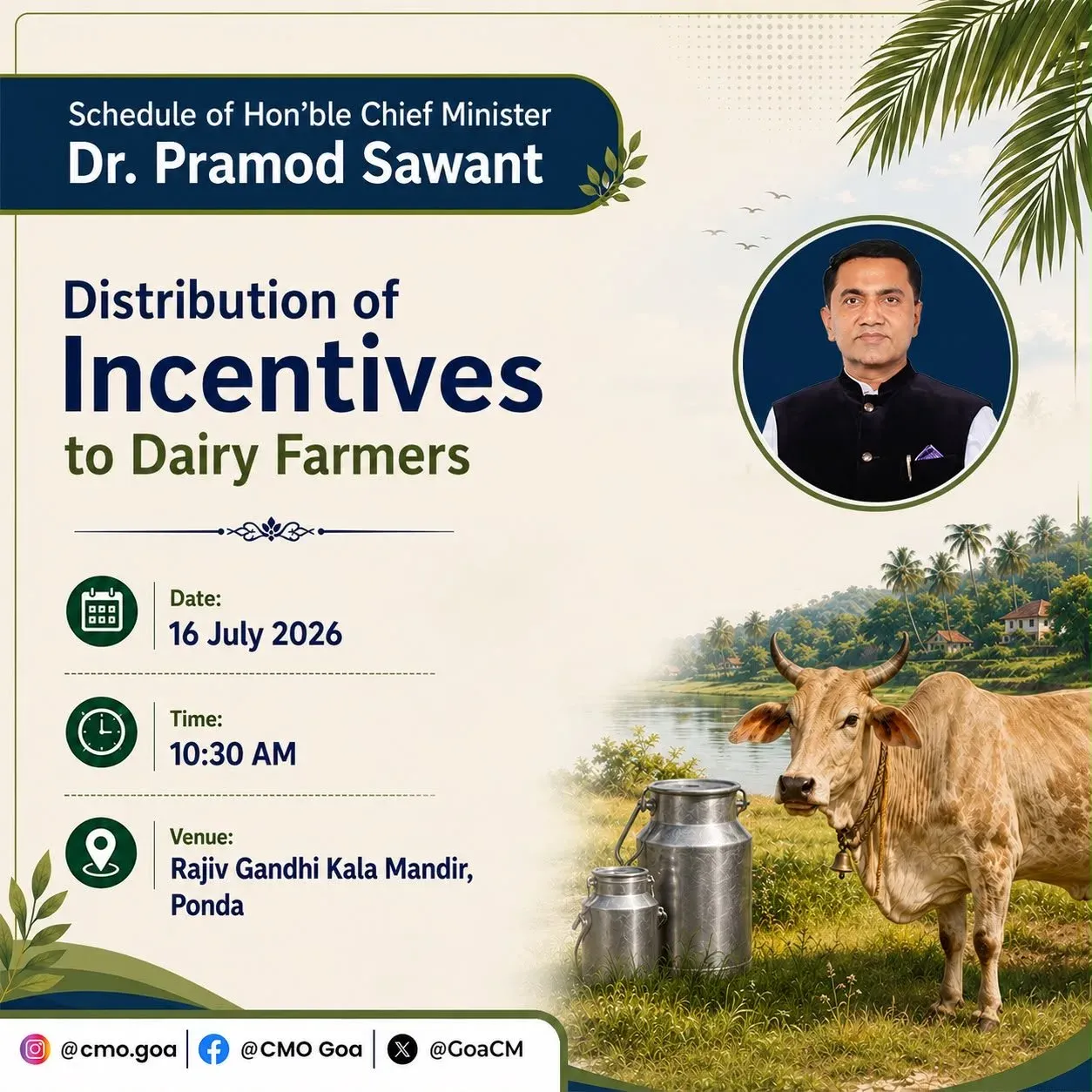 Goa CM Sawant to Distribute Dairy Farmer Incentives in Ponda