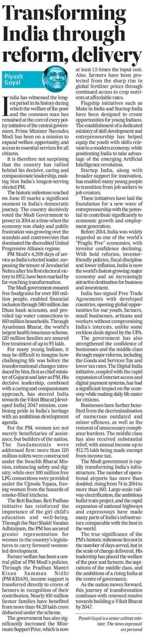 Goyal hails PM Modi as longest-serving elected PM, cites delivery record