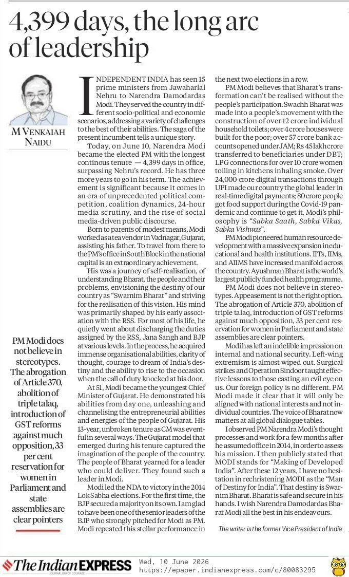 Goyal shares Venkaiah Naidu's column on Modi's record PM tenure