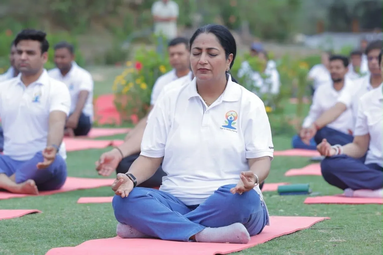 Delhi CM Rekha Gupta leads Yoga Day at Asola-Bhati Blue Lake