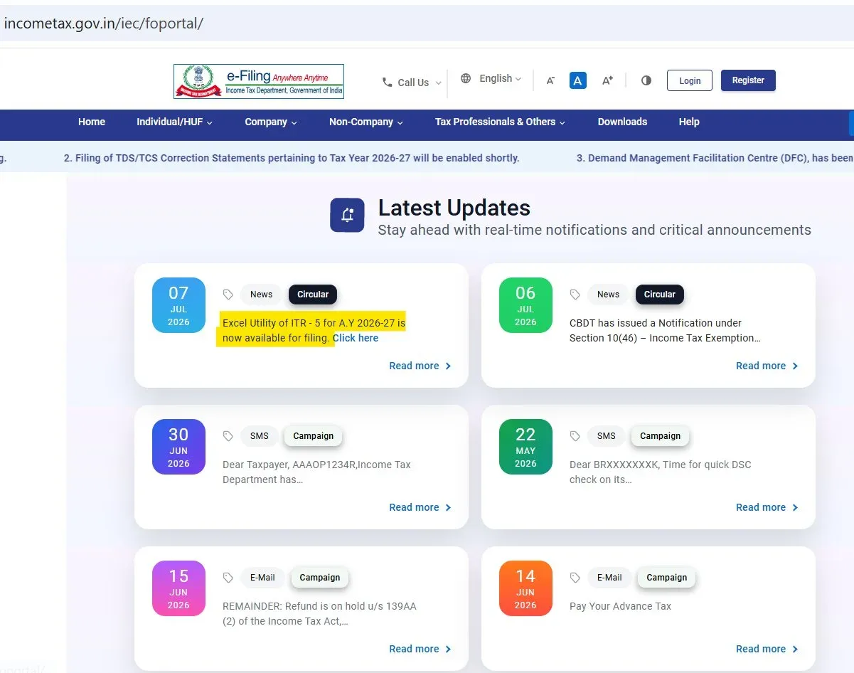 आयकर विभाग ने AY 2026-27 के लिए ITR-5 एक्सेल यूटिलिटी जारी की, ई-फाइलिंग पोर्टल पर उपलब्ध