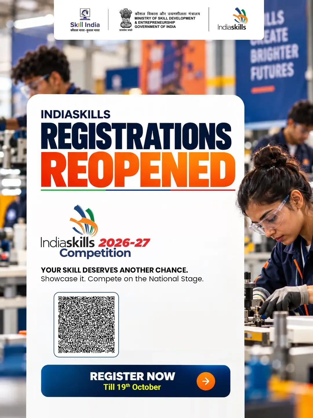 IndiaSkills 2026–27 registration reopens until Oct 19 after 4 lakh sign-ups