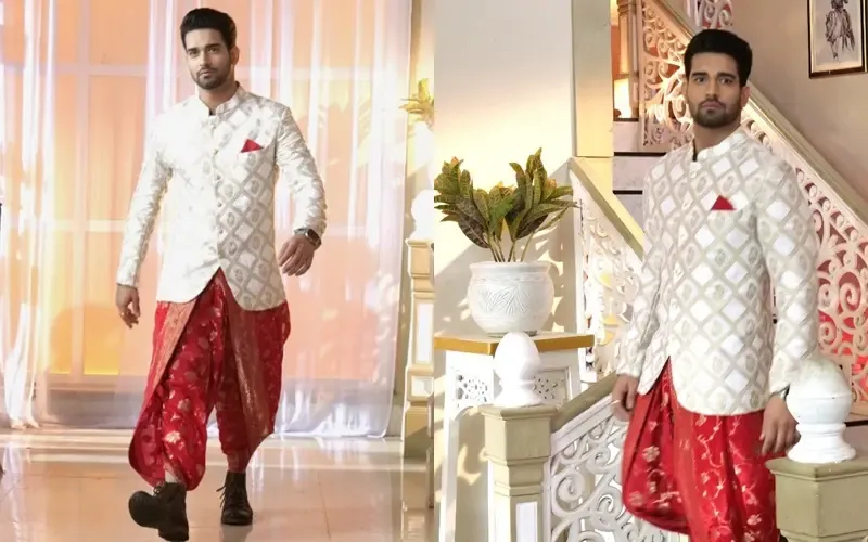 Abhishek Malik Breaks Norms in "Jamai No. 1" as Neel, Dazzles in a Red Saree Styled as Dhoti