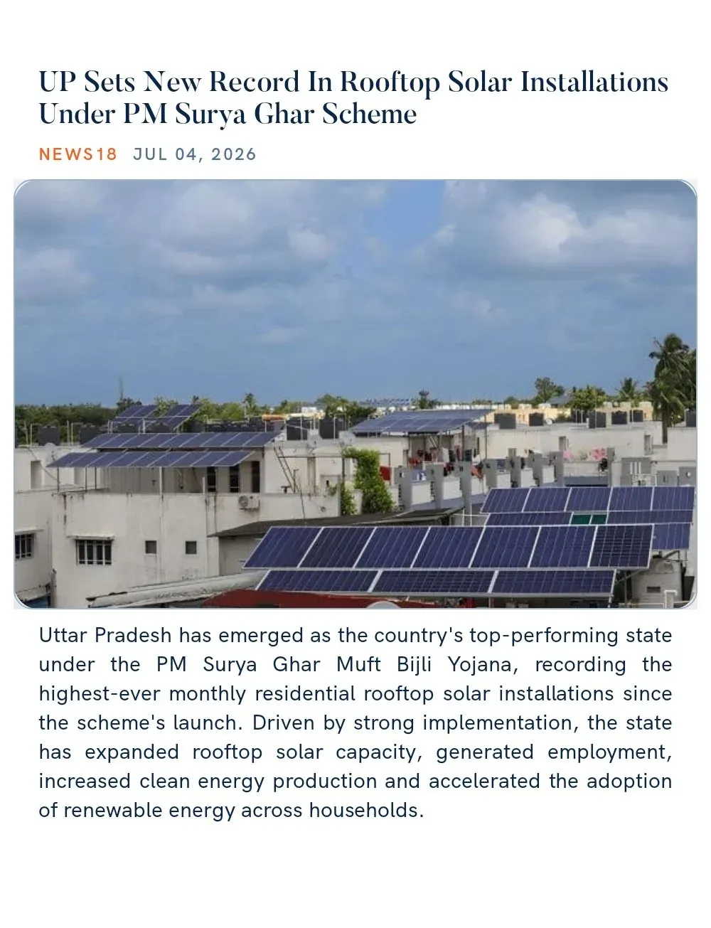 Joshi Flags UP's Record Rooftop Solar Run Under PM Surya Ghar