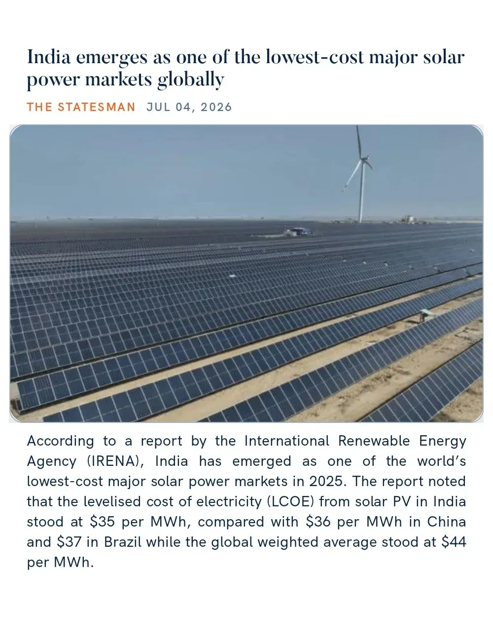 Joshi Highlights India as Low-Cost Solar Power Market