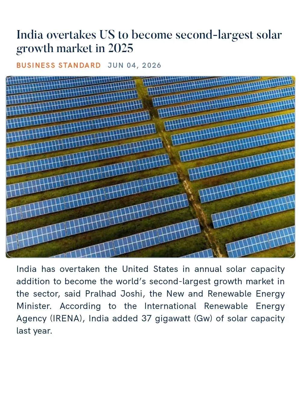 Joshi Highlights India Overtaking US as 2nd-Largest Solar Market
