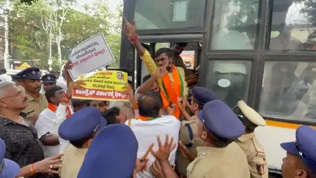 BJYM protests Umar Khalid book release in Bengaluru, members detained