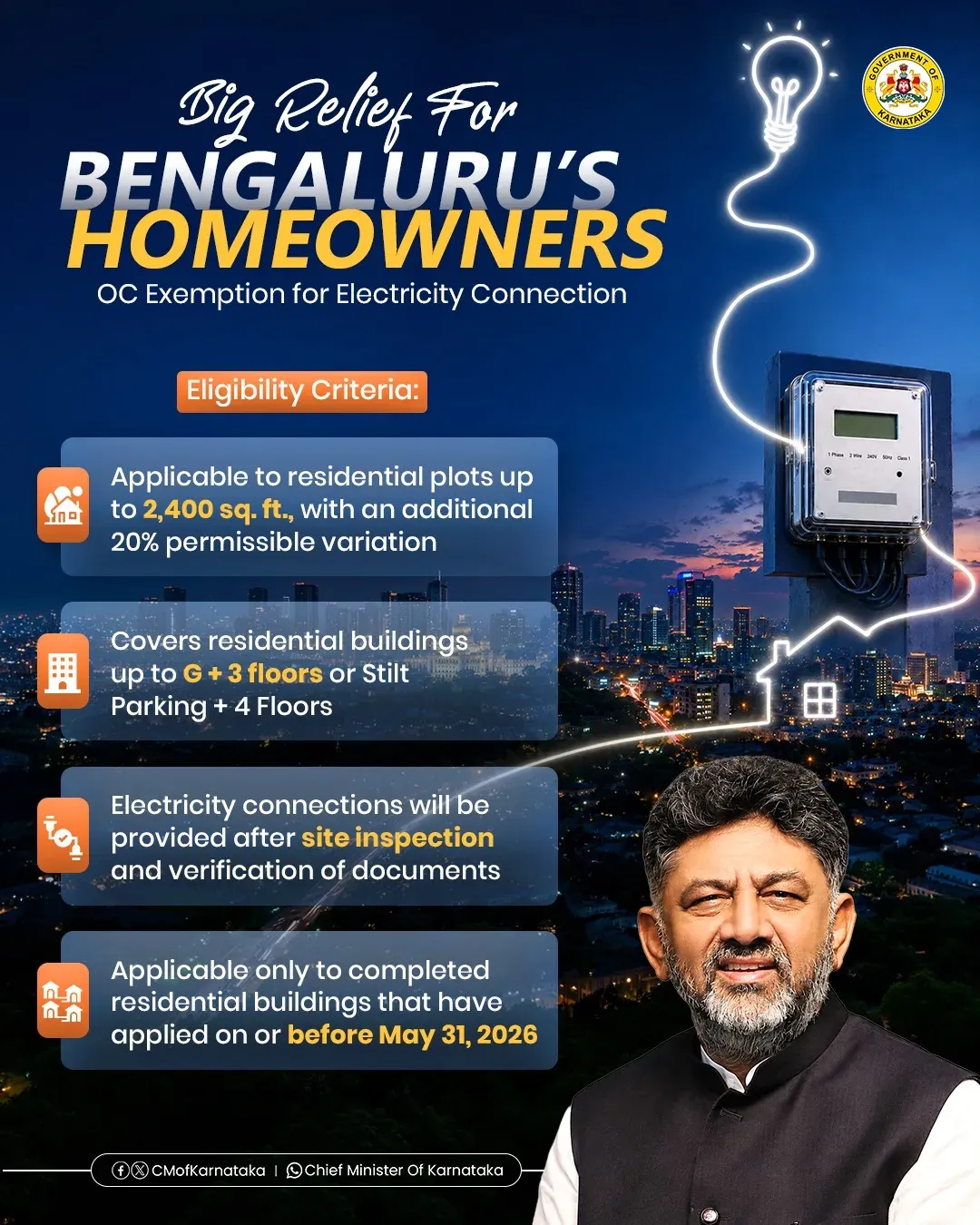 Karnataka eases electricity connections for Bengaluru homeowners via OC exemption