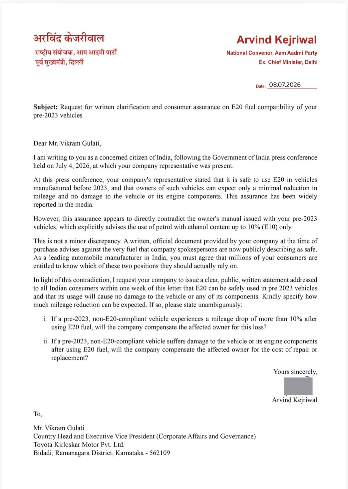 Kejriwal writes to 29 auto makers on industry issues