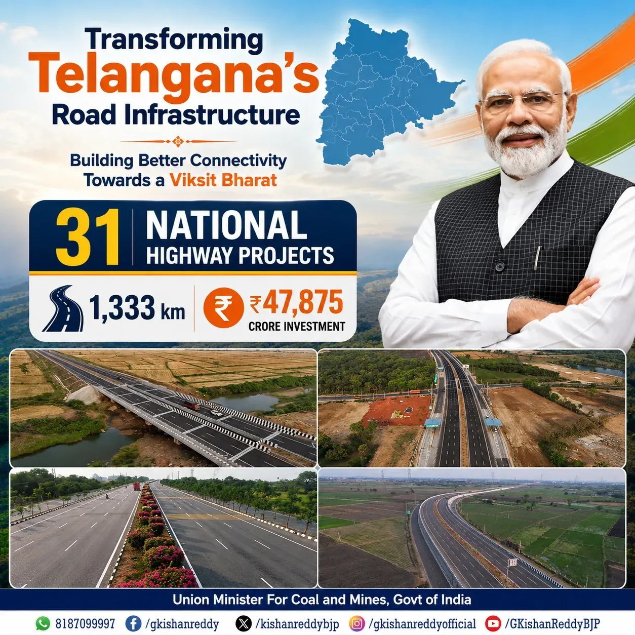 Kishan Reddy: 1,333 km of NH projects sanctioned in Telangana since 2014