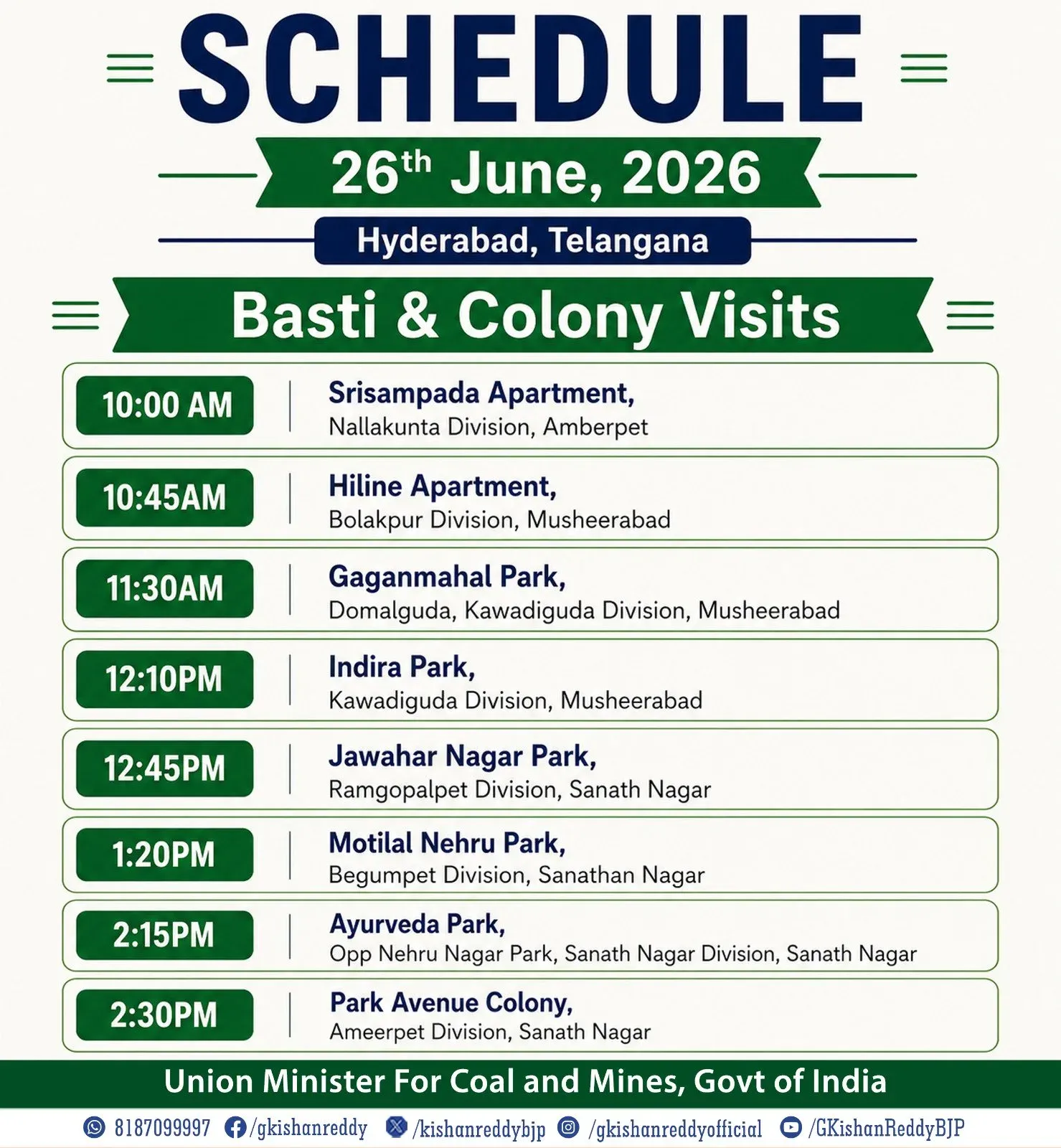 Kishan Reddy shares Hyderabad schedule for June 26