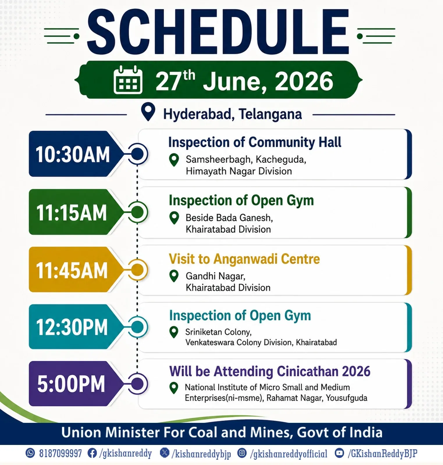 Kishan Reddy Shares Hyderabad Schedule for June 27