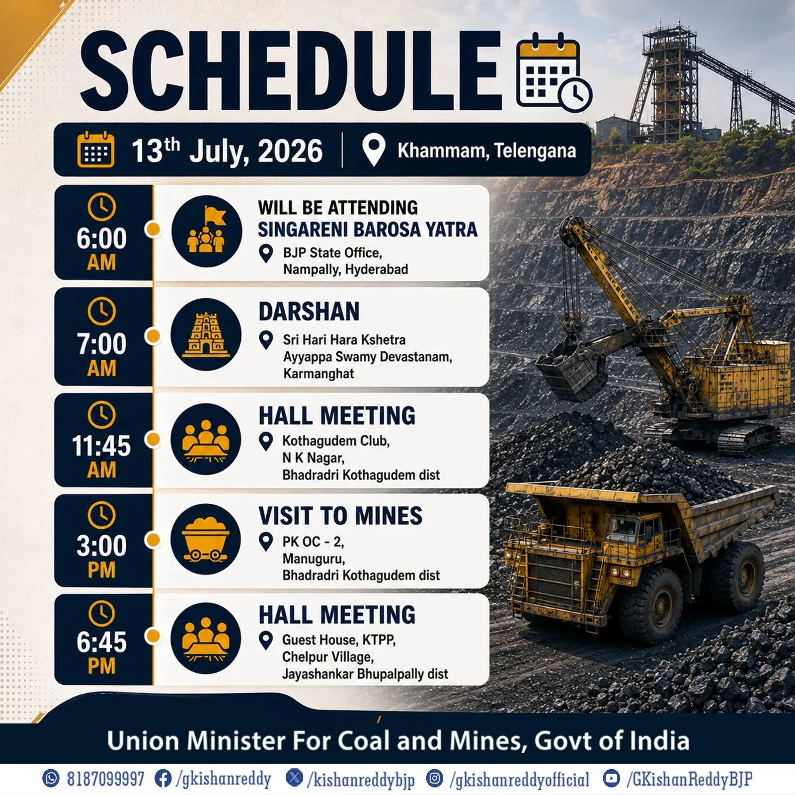 Kishan Reddy shares schedule for 13 July 2026