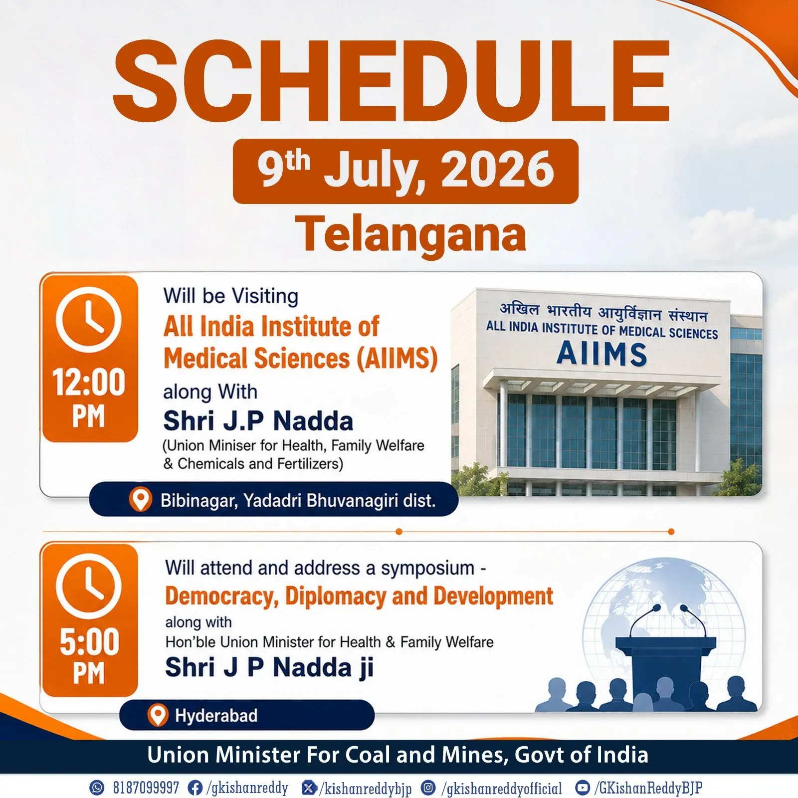 Kishan Reddy shares schedule for 9 July 2026