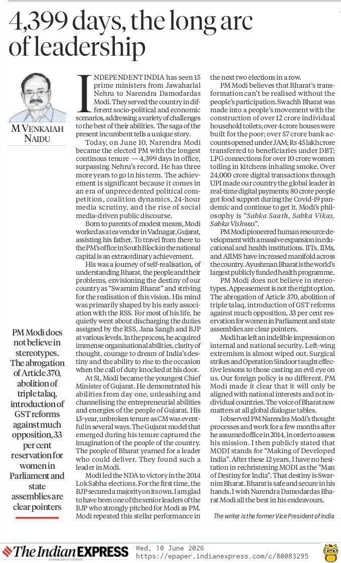 Kishan Reddy shares Venkaiah Naidu column on Modi's governance era
