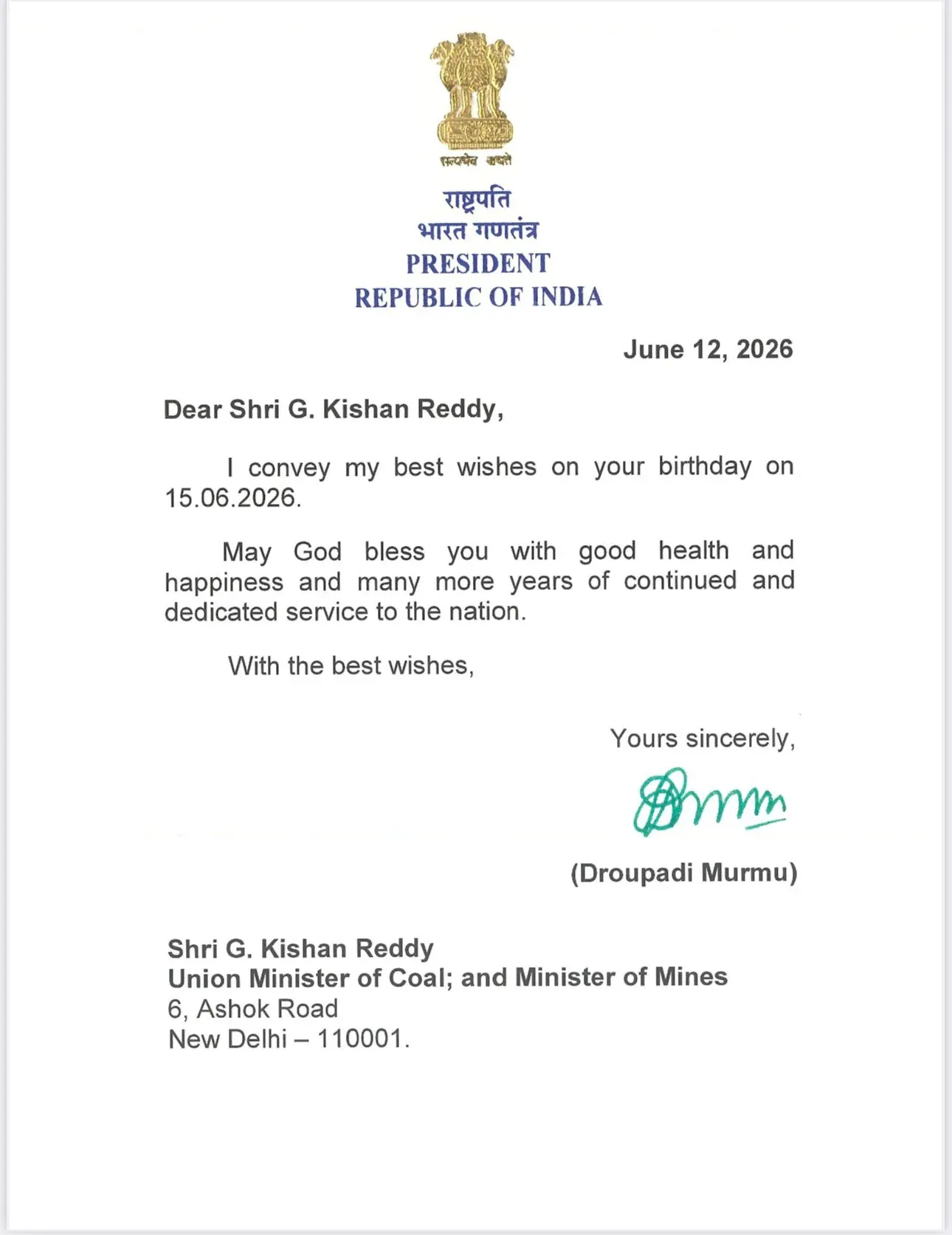 Kishan Reddy Thanks President Murmu for Birthday Wishes