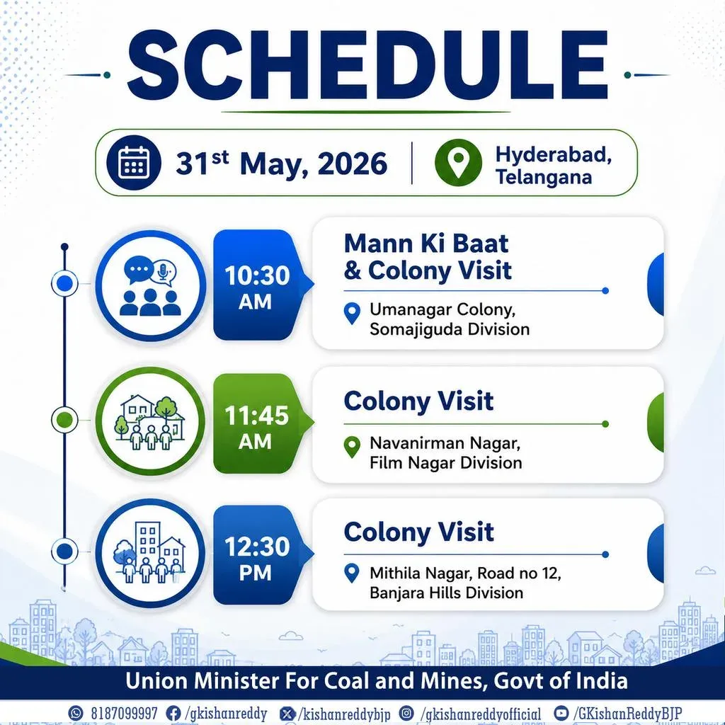 Kishan Reddy to Visit Hyderabad on 31 May