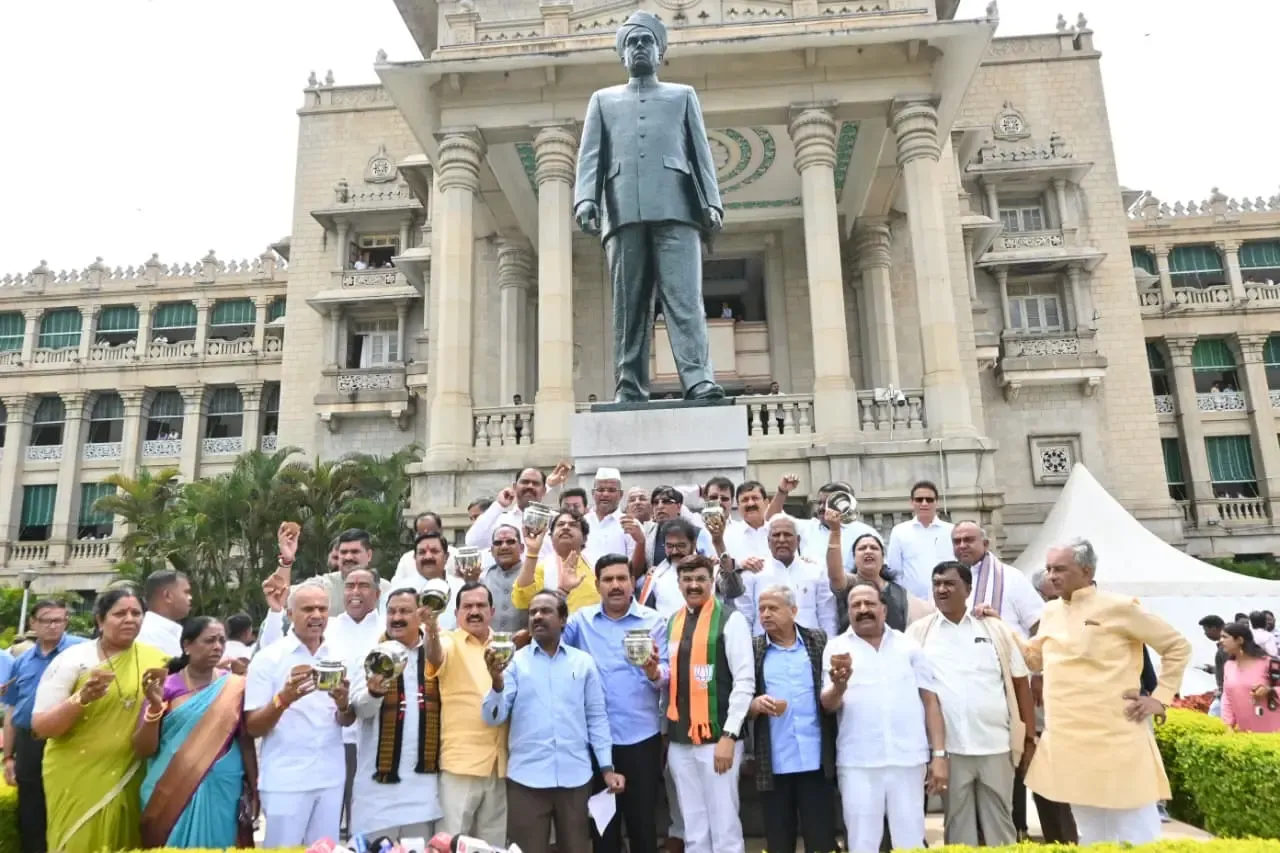 Karnataka BJP protests at Vidhana Soudha, demands white paper on ₹8 lakh crore debt