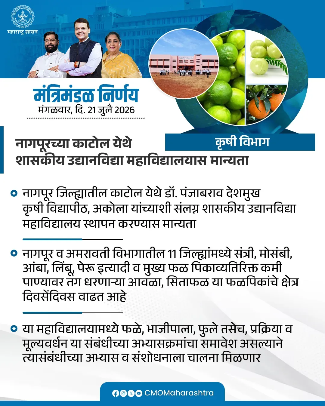 Maharashtra Cabinet Clears Agriculture Department Decisions
