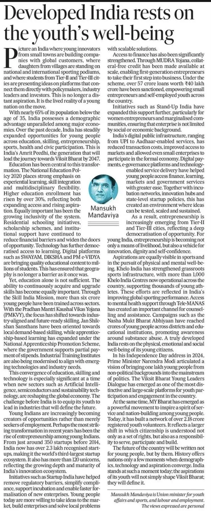 Mandaviya writes on youth well-being as pillar of Viksit Bharat