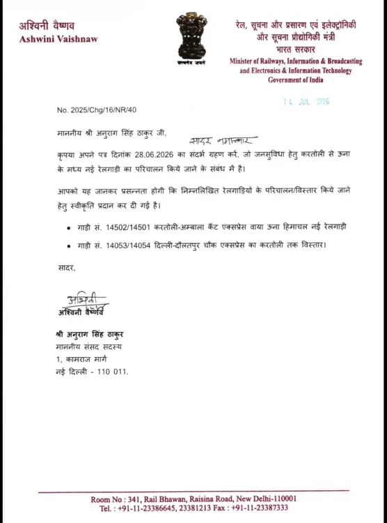 Anurag Thakur secures nod for new Ambala-Kartoli train via Una