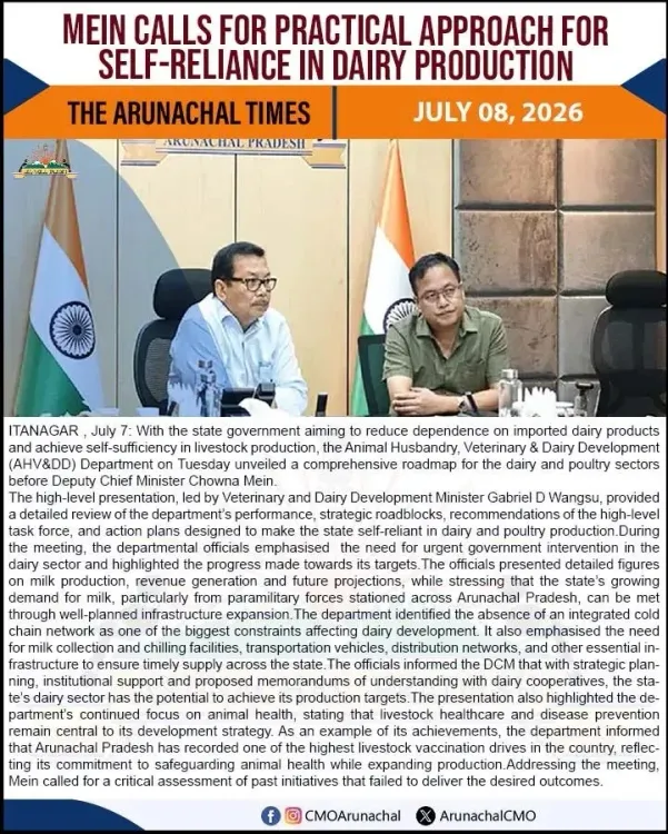 Arunachal DCM Chowna Mein Reviews Dairy, Poultry Roadmap