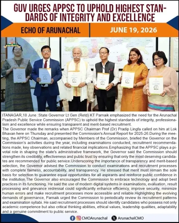 Arunachal Governor Urges APPSC to Uphold Integrity in Recruitment