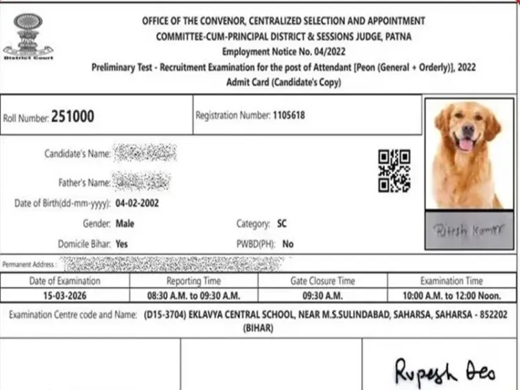 Bizarre Incident: Dog's Photo on Bihar Admit Card for Court Exam