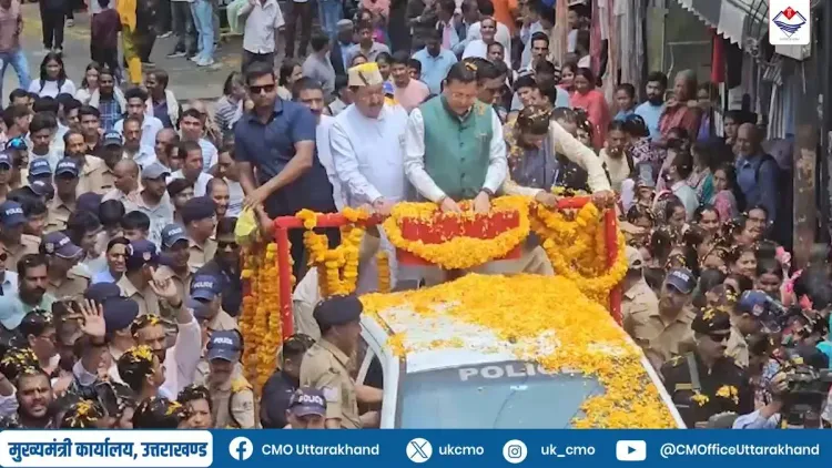 CM Dhami arrives in Gopeshwar, welcomed with flower shower