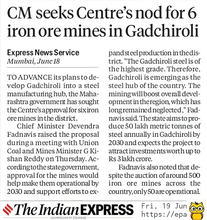 CM Fadnavis Seeks Centre's Nod for Iron Ore Mines in Gadchiroli