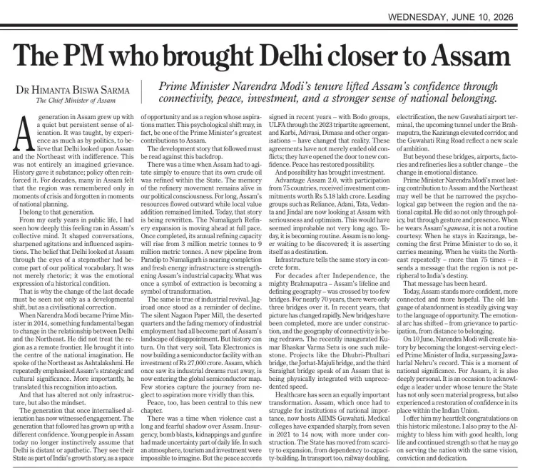 CM Himanta writes on Modi reshaping Assam's development