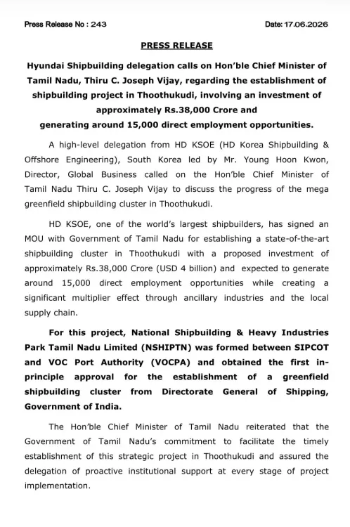 CM Joseph Vijay meets Hyundai Shipbuilding delegation over Rs.38,000 Cr Thoothukudi project