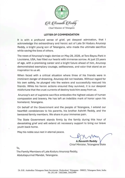CM Revanth Reddy condoles Telangana youth's death in Louisiana