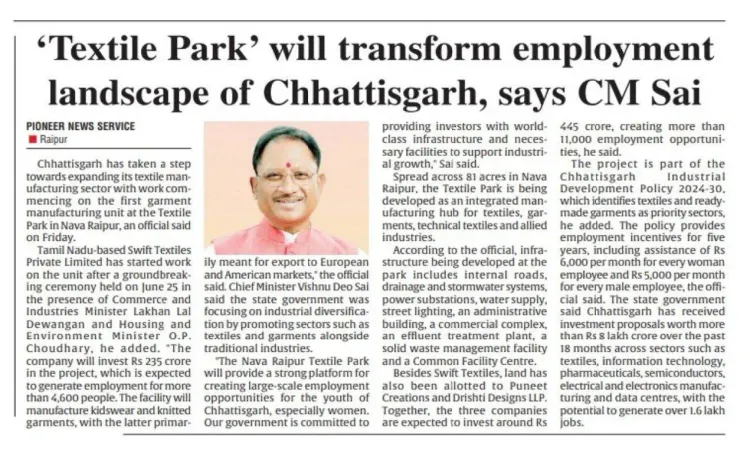 CM Sai Launches First Garment Unit at Nava Raipur Textile Park