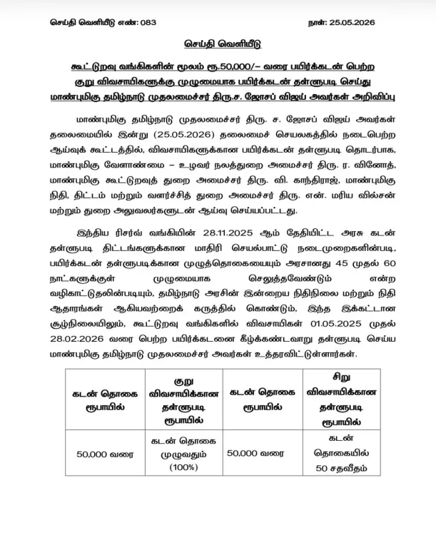 CM Vijay announces full crop loan waiver for Tamil Nadu small farmers