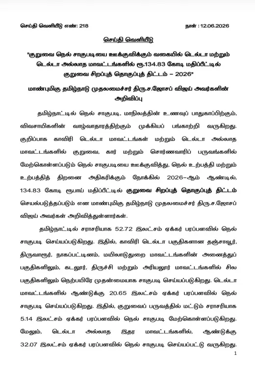 CM Vijay Announces Rs.134.83 Cr Kuruvai Paddy Package