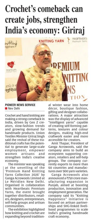 Giriraj Singh flags crochet and hand knitting as jobs, green growth lever