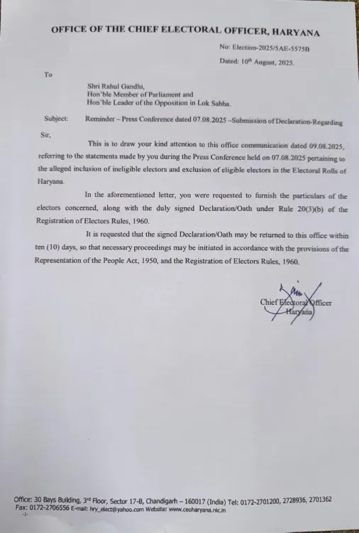 What Notice Did the Haryana Chief Electoral Officer Issue to Rahul Gandhi Regarding Voter List Allegations?