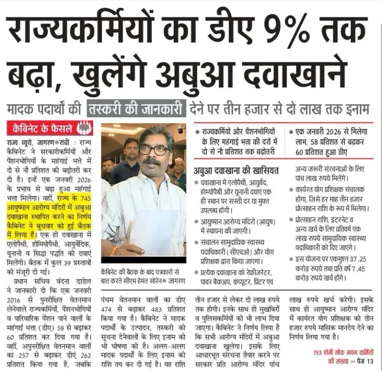 Jharkhand CM Office Raises DA to 60%, Launches Abua Dawakhana