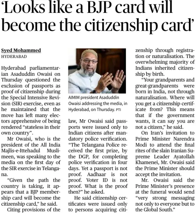 Kishan Reddy Rebukes Owaisi Over Passport-Citizenship Remarks