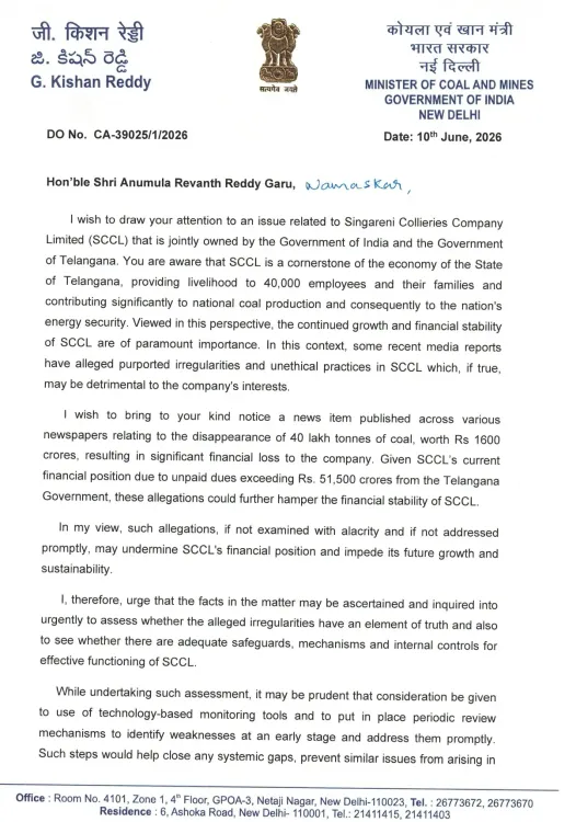 Kishan Reddy writes to Telangana CM over SCCL coal missing