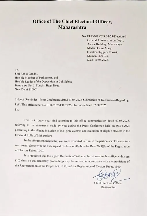 Has Maharashtra CEO Reminded Rahul Gandhi to Submit Voter List Allegations Declaration?