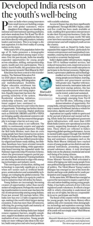 Mandaviya writes on youth well-being as pillar of Viksit Bharat