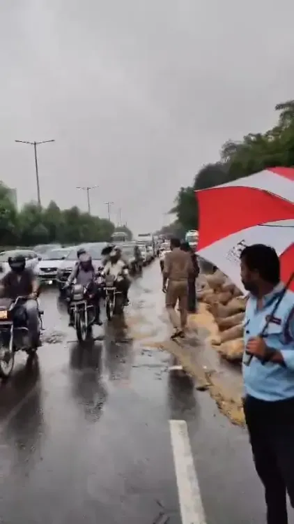 क्या नोएडा-ग्रेटर नोएडा एक्सप्रेसवे पर गेहूं से लदा ट्रक पलटने से हुआ भीषण जाम?